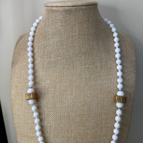 Miriam Haskell Vintage Milk Glass Bead Necklace With Gold-Tone Accents - Picture 6 of 16